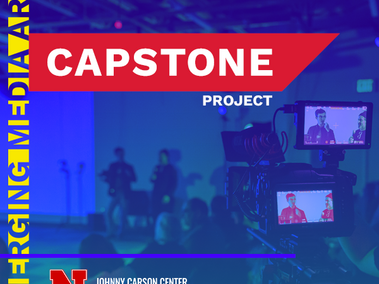 Test overlay reads: "Spring 2026. Capstone Project. Emerging Media Arts. Johnny Carson Center for Emerging Media Arts." Background image of a filming setup in a studio with silhouettes and text promoting a media arts capstone project.