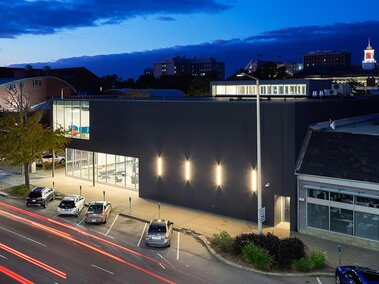 Carson Center building at night.