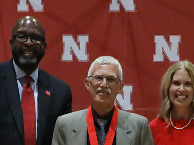 Donald Gorder (center) with UNL Chancellor Rodney Bennett and Nebraska Alumni Association Executive Director Shelley Zaborowski 