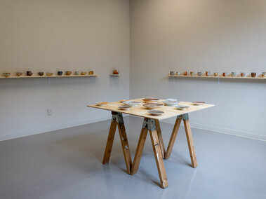 Image of gallery with ceramic work sitting on shelves at eye level on two walls with a table in the center of the room with ceramic work on top.