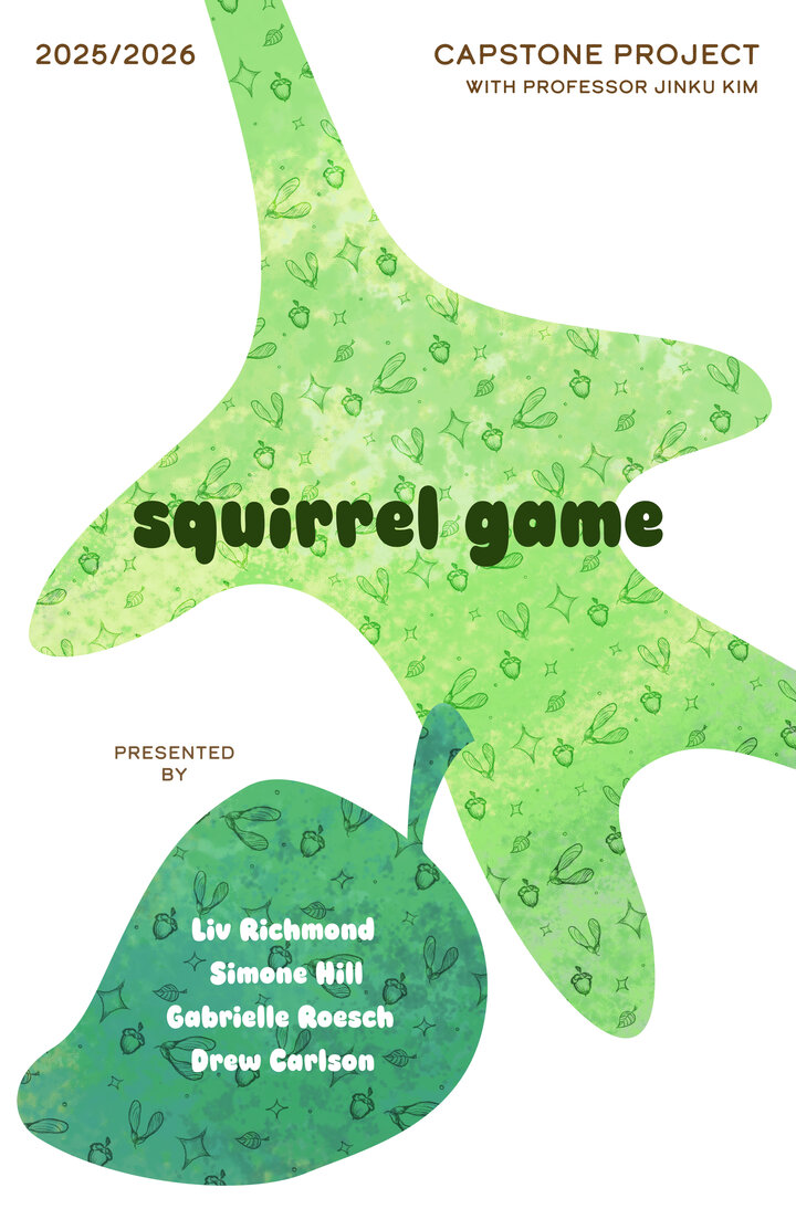 Green abstract design with text "Squirrel Game" and names listed below.