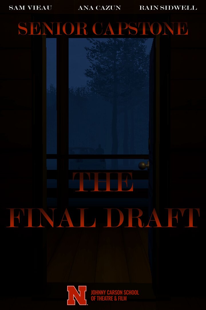 Dark doorway view of a misty forest, red text overlay, Nebraska Theatre &amp; Film logo at bottom.