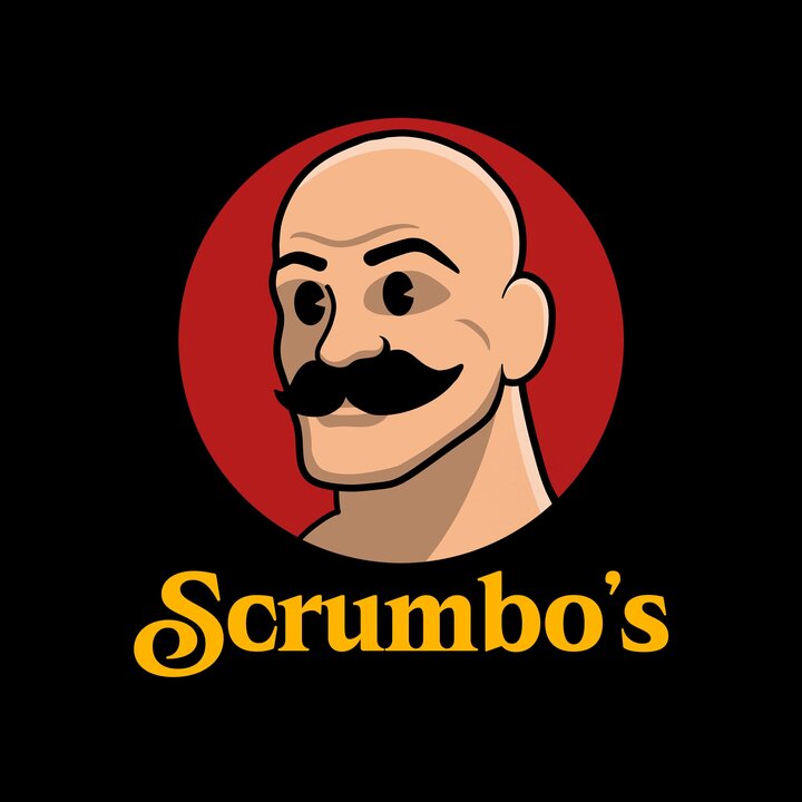Text reads "Scrimbo's". image: Bald man with a thick mustache in front of a red circle, with "Scrumbo's" in bold yellow text below.