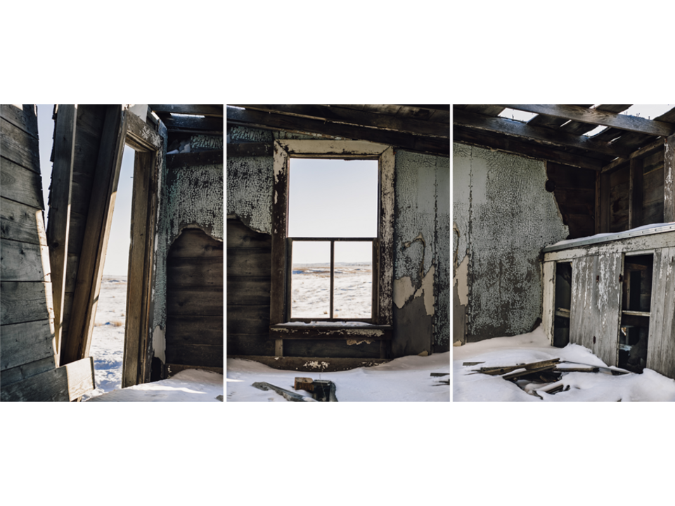 A triptych of the interior of an old abandoned house.