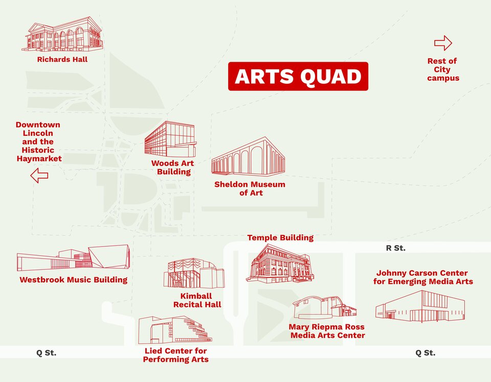 A map of the Hixson-Lied Fine and Performing Arts quad.
