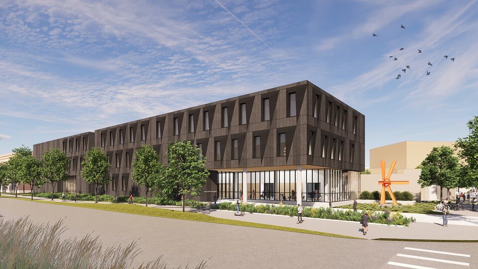An architectural rendering of the new facade of the proposed Westbrook Music Building.