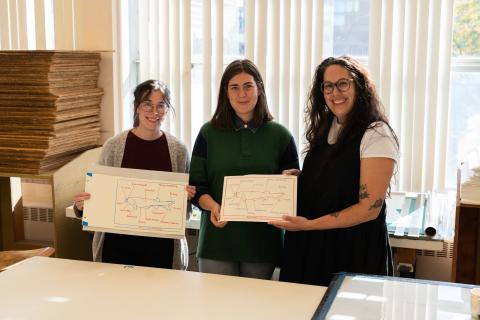 Left to right: Graduate students Sarah Jentsch, Kim Tomlinson and Hannah Demma with the edition of prints they created with Mark Dion. The image is of a lobe-finned fish surrounded by a list of terms that refer to corruption. Photo by Eddy Aldana.
