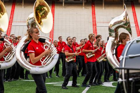 The Cornhusker Marching Band performs during its annual exhibition Aug. 18 at Memorial Stadium. The band will make its regular-season debut Sept. 16 at the stadium with pregame and halftime performances at Nebraska's football home opener against Northern Illinois. Photo by Sammy Smith.