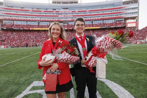 Seniors Emmerson Putnam and Jamie Smith (right) were crowned homecoming royalty during halftime of the Nebraska-Rutgers football game Oct. 5. Photo by Craig Chandler, University Communication and Marketing.