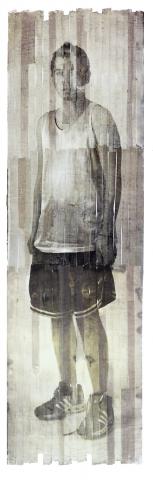 Chadric Devin, "Self Portrait," Van Dyke brown print on athletic tape, 82 x 24", 2013.