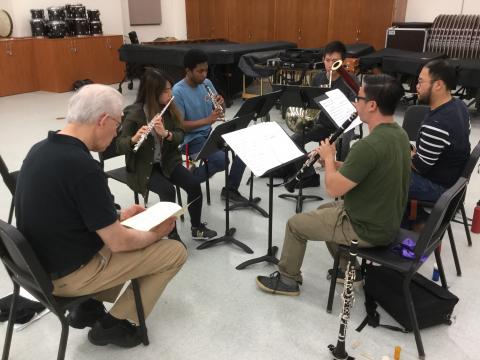 The Cal State Fullerton Woodwind Quintet works with coach William McMullen of the Glenn Korff School of Music as part of the Chamber Music Institute.