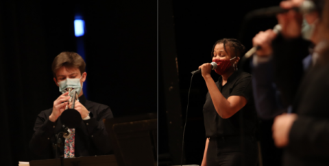 Jazz Orchestra trumpet player Ben Waxberg (left) and Jazz Singer Brannon Evans perform as part of the Fall 2020 concert.