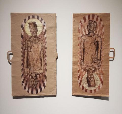 Katharen Wiese, “Unclassified,” relief print on paper bags, dimensions vary, 2018.