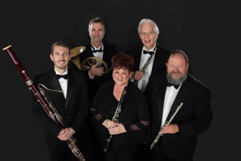 (from left): Nathan Koch, bassoon; Alan Mattingly, horn; Diane Barger, clarinet; William McMullen, oboe: John Bailey, flute 