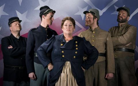Left to Right: Jeremy Blomstedt (Recruiting Officer), Cullen Wiley (Soldier), Moira Mangiameli (Mother Courage), Cameron Currie (Soldier), Joseph S. Moser (General McClellan). Photo by Sabrina Sommer.
