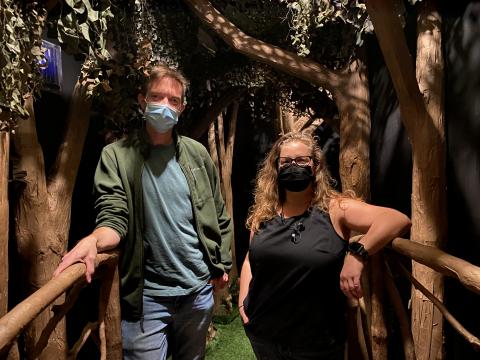 Andy Park and Jill Hibbard stand inside the immersive world of “ShakesFear,” which opens Oct. 15 in the Studio Theatre.