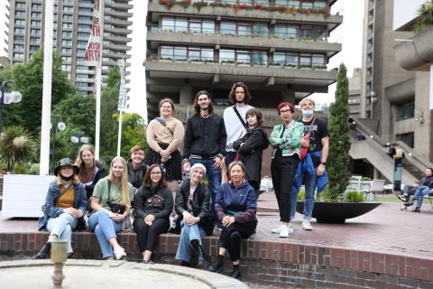 Students and faculty in London for the study abroad course "Story Abroad: Future Fictions, London, U.K." led by Assistant Professor of Emerging Media Arts Ash Eliza Smith and Carson Center Director Megan Elliott. Photo by Thea Lahey.