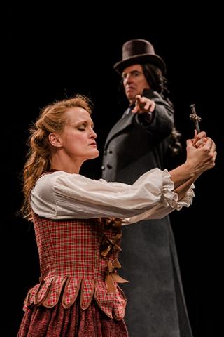 Abbey Siegworth stars as Young Woman, and Don Richard stars as Old Man in "Abigail/1702," which opens the Nebraska Repertory Theatre season on Sept. 30. Photo by John Ficenec.