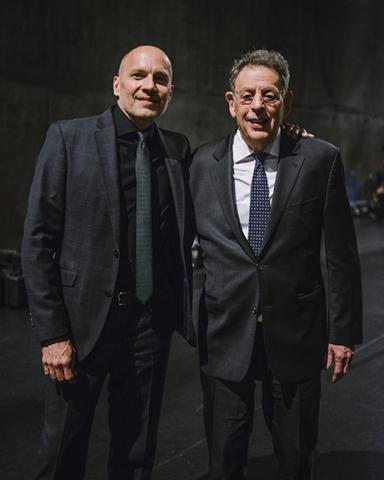 Paul Barnes (left) with Philip Glass. "A Celebration of Philip Glass," the April 2018 world premiere of a piano quintet by renowned composer Philip Glass, has won the Outstanding Event Award at the Mayor's Arts Awards. Photo by Walker Pickering.