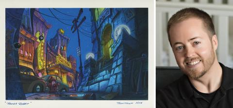 Left: A concept painting for Toon Town at night for the film "Who Framed Roger Rabbit?" by Ron Diaz in the exhibition “Building a Narrative: Production Art and Pop Culture.” Right: Trent Claus.