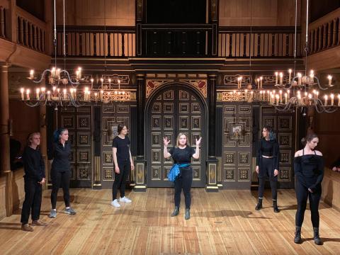 Johnny Carson School of Theatre and Film students perform on the Sam Wanamaker Playhouse stage at the Globe Theatre in London. Photo by Michael Zavodny.
