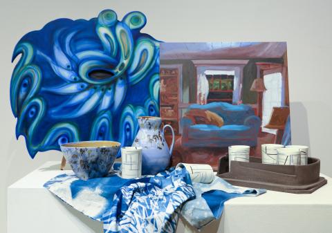 From left to right, top to bottom, Angelica Tapia Estrada, Transition; Alex Renbarger, A representational, angled, close up shot, of the inside of a vernacular living room with cinematic lighting; Charlotte Middleton, Cornflower Pitcher and Basin; Sara Alfieri, Charcoal 6 Pack; Dominique Ellis, Leakage Camisole, and Broken Prism Series.