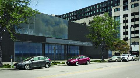 An artist's rendering of the Johnny Carson Center for Emerging Media Arts shows how the exterior of the building will look when it opens in August 2019. The building is located at 1300 Q St., formerly the Nebraska Bookstore. Courtesy of HDR.