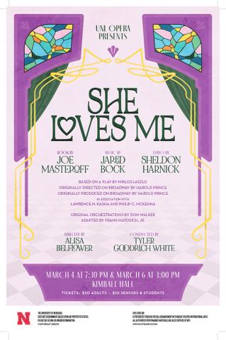 “She Loves Me” features a book by Joe Masteroff, lyrics by Sheldon Harnick and music by Jerry Bock. It premiered on Broadway in 1963. UNL Opera’s production is directed by Alisa Belflower, coordinator of musical theatre studies at UNL.