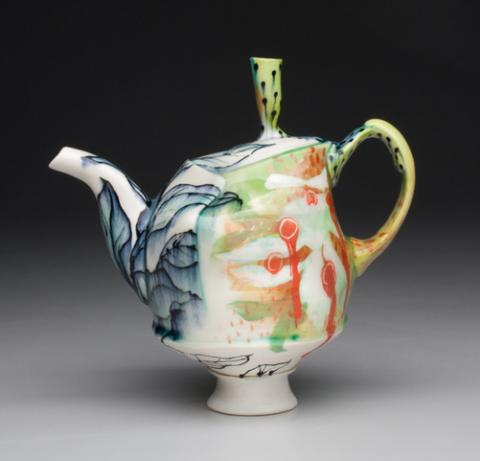 Taylor Sijan’s Teapot, cone 6 oxidation porcelain with underglaze, 8" x 8" x 5.5", 2020