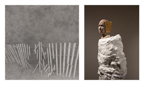 (left) Dustin Young, “Fragment,” graphite, 18” x 18”, 2013, (right) Crisha Yantis, “Subconscious.”