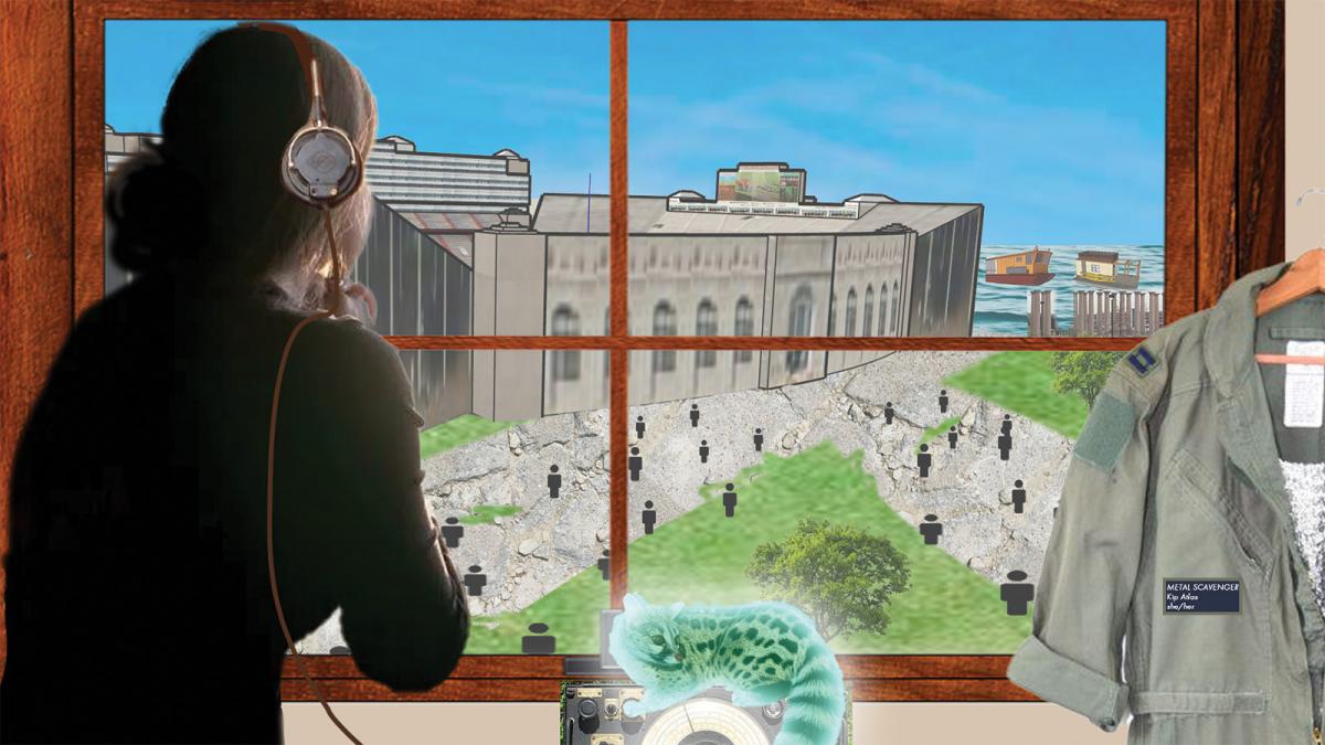 Cropped, detail of a digital artwork created by an Emerging Media Arts student of a person looking out a window in a speculative world with a rendering of campus with a stadium view.