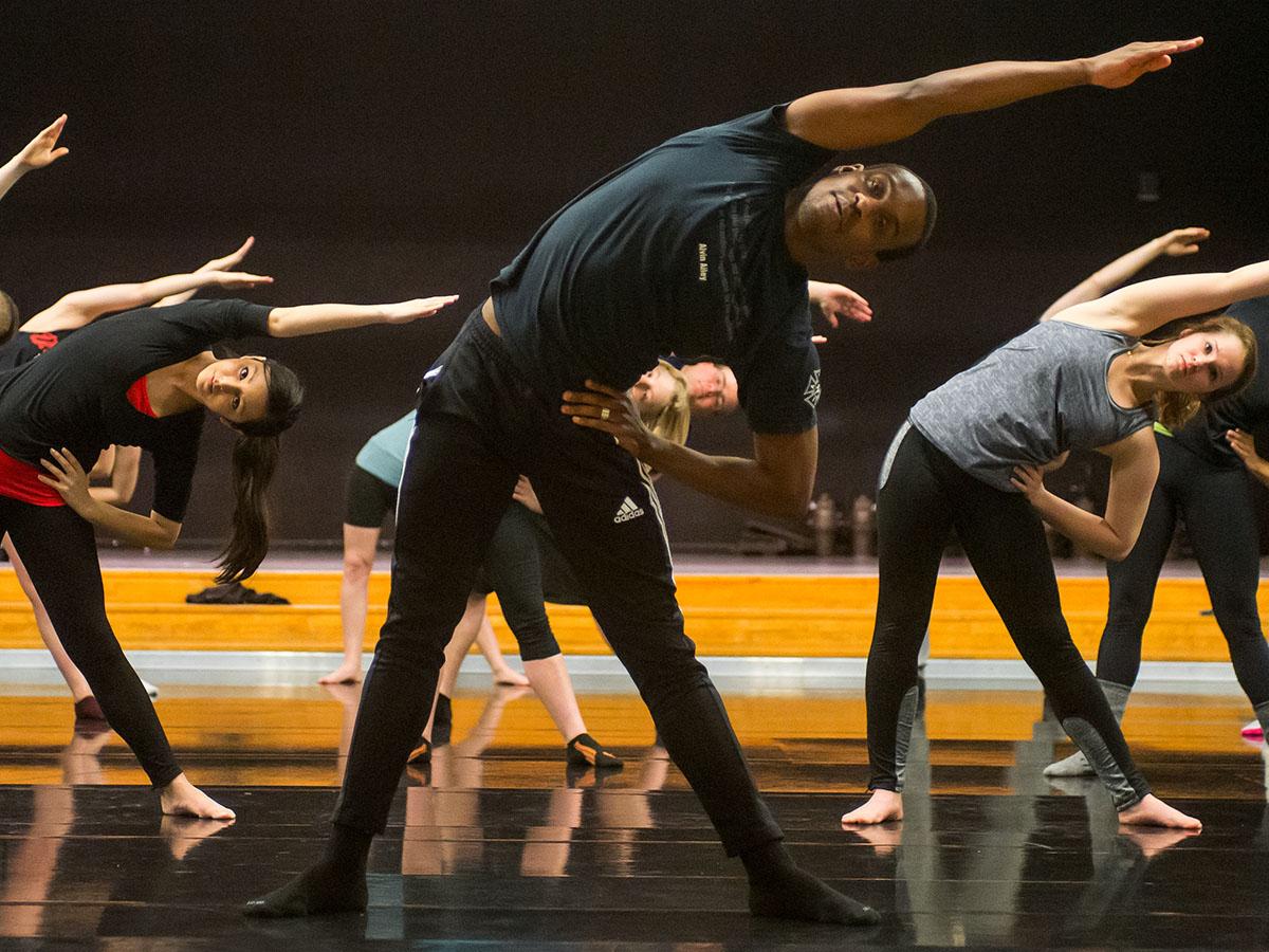Alvin Ailey Dance Company members conducting a masterclass with School of Music dance students.