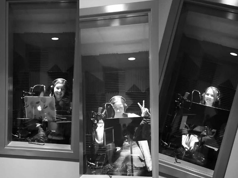 Collage of photos in grayscale with Carson School theatre students in a soundbooth posing for a photo.