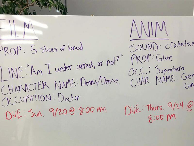 A white board with prompts written out for a 72-hour film an animation challenge.