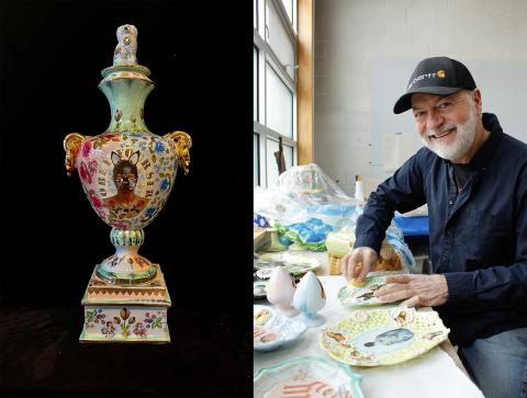 Left:  Larry Buller’s “Obey Your Sir.” Courtesy photo. Right: Larry Buller in his studio at Northern Clay Center. Photo by Maia Danks, NCC. 