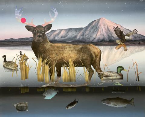 Matt Belk, “Deer,” 2023, acrylic on canvas, 39” x 48”. 