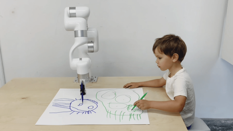 From Robert Twomey's exhibition "Three Stage Drawing Transfer." This project creates a visual-mental-physical circuit between a generative adversarial network (GAN), a co-robotic arm and a five-year-old child. Courtesy photo.