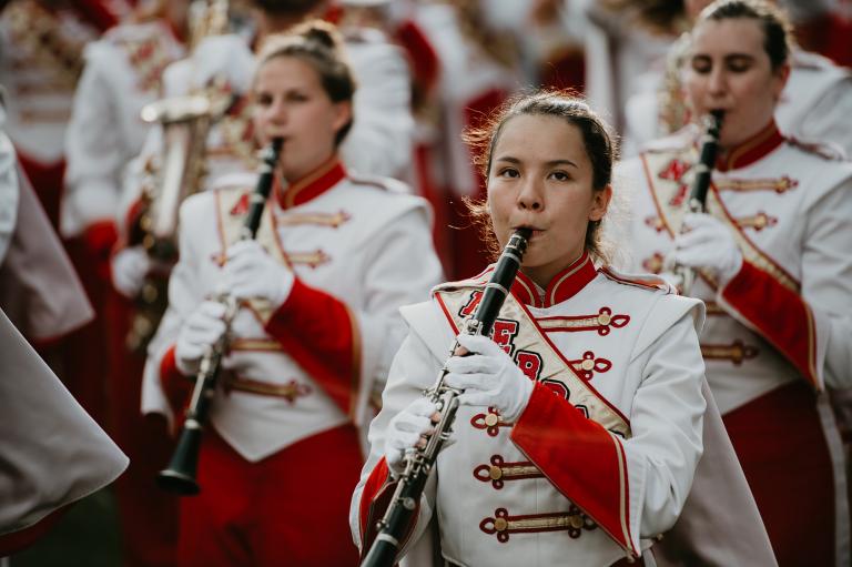  In honor of the University of Nebraska–Lincoln’s 150th anniversary this year, all Cornhusker Marching Band halftime shows will carry themes related to “In Our Grit, Our Glory.”  Photo by Justin Mohling.
