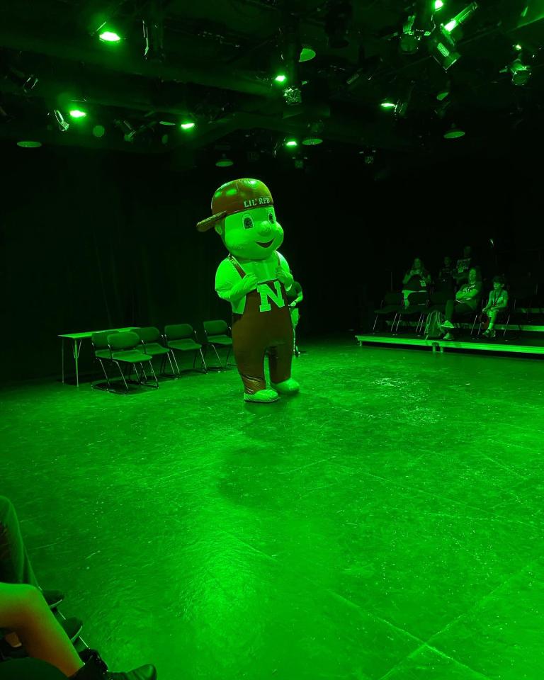 Husker mascot Lil' Red was lit in several different colors to see how his appearance changes in different colors of light in Michelle Harvey's "See the Light: Stage Lighting & Color" class. 