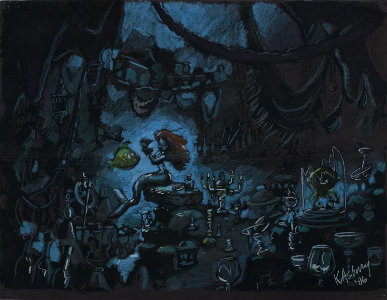A 1986 concept drawing by Kelly Asbury for Disney’s “The Little Mermaid” featuring Ariel and her sidekick Flounder in Ariel’s Grotto, where she kept her found treasures from the human world. The artwork will be featured in the exhibition “Building a Narrative: Production Art and Pop Culture” from the collection of Trent Claus.