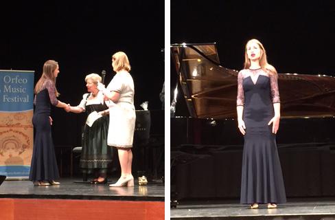 (left) Krista Benesch accepts her award from the Vipiteno Minister of Culture and Festival Director Larisa Jackson. (right) Benesch performs “Les temps de lilas” during the Competition Winners Concert at the Orfeo Music Festival. Courtesy photos.