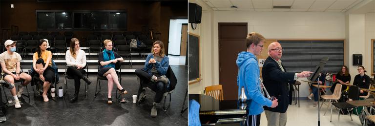 Left: Abby Miller (right) visits with students and faculty in the Johnny Carson School of Theatre and Film. Right: Tim Andersen conducts a masterclass with trumpet students in the Glenn Korff School of Music. Photos by Eddy Aldana.