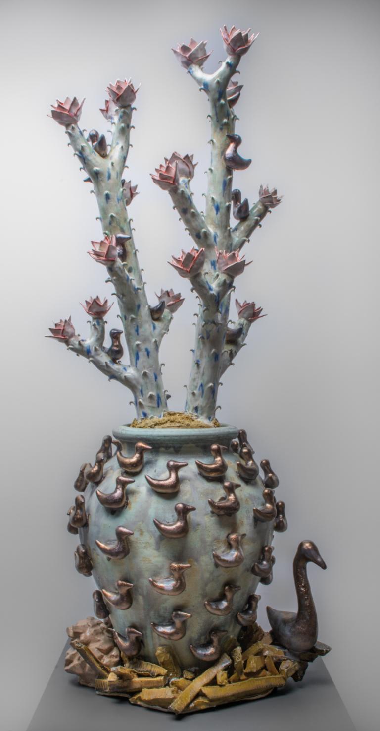 P.J. Hargraves, “Gathering Pot,” 53” x 24” x 24”, ceramic, cone 6 salt fired stoneware, porcelain glaze and rare earth oxide. 