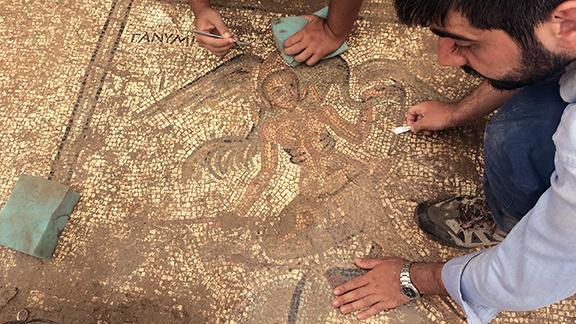 The mythological figure Ganymede appears in this detail of the mosaic paving for an ancient latrine discovered near the town center. Courtesy photo.