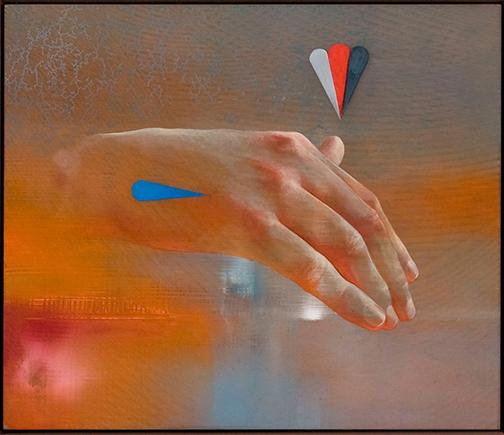 Aaron Holz, "Hand for Horace Greeley", oil, resin and acrylic on panel, 9.5" x 11.5", 2013.