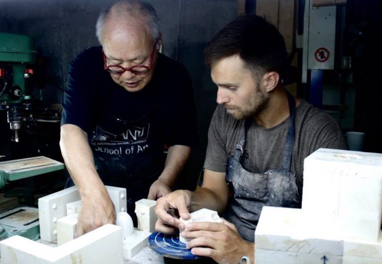 Patrick Kingshill (right) with Takeshi Yasuda in Jingdezhen, China. Photo courtesy of Patrick Kingshill.