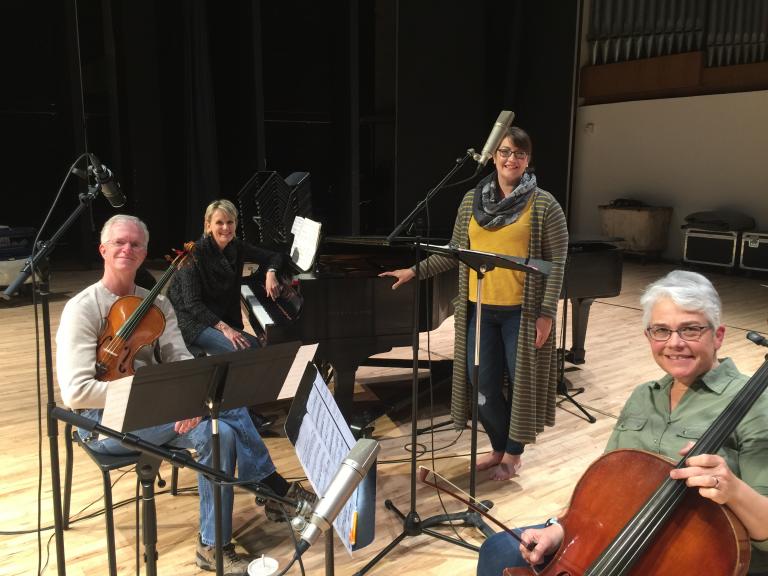 Left to right: Clark Potter, Stacie Haneline, Jamie Reimer and Karen Becker record Reimer's CD, "The Last Songs of Robert Owens" in Kimball Recital Hall in May 2019.