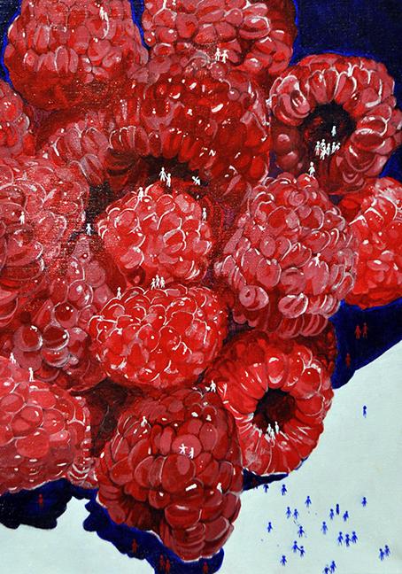 Jingming, Yu, Lincoln East, “A Bowl of Raspberries,” acrylic on canvas, 20” x 16” x .5”, 2019.