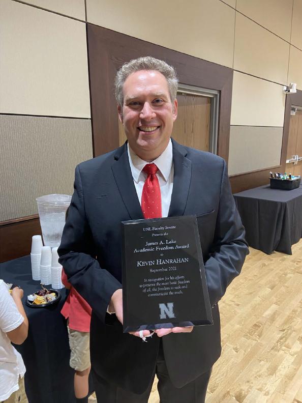 Associate Professor of Voice and Vocal Pedagogy and Director of Faculty Development for the Office of the Executive Vice Chancellor's Faculty Affairs team Kevin Hanrahan received the James A. Lake Academic Freedom Award at the Faculty Senate meeting in September.