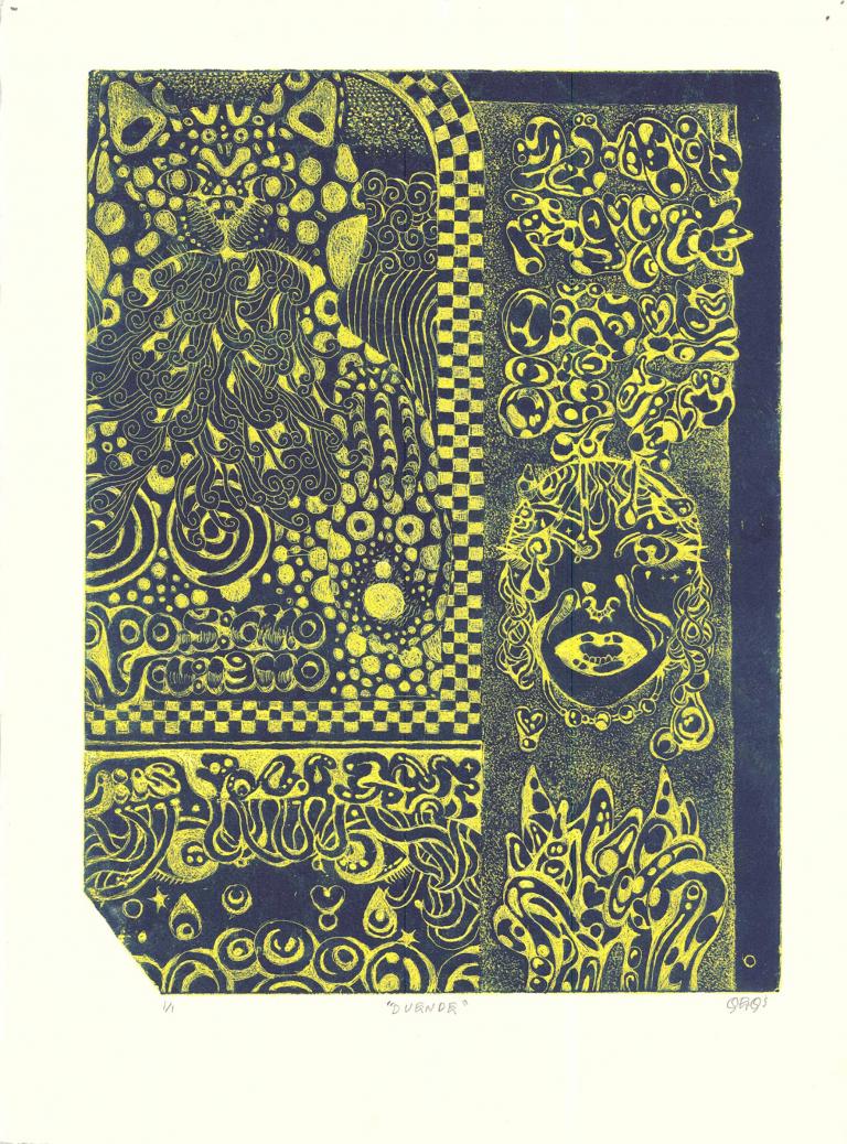 Qiqe Panqeqi Martinez, “Duende,” intaglio etching on paper, 15” x 11”, 2021.